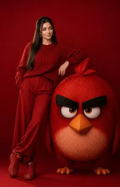 نمونه سبک تصویر هوش مصنوعی پرتره فشن استودیویی تک‌رنگ با کاراکتر همراه
