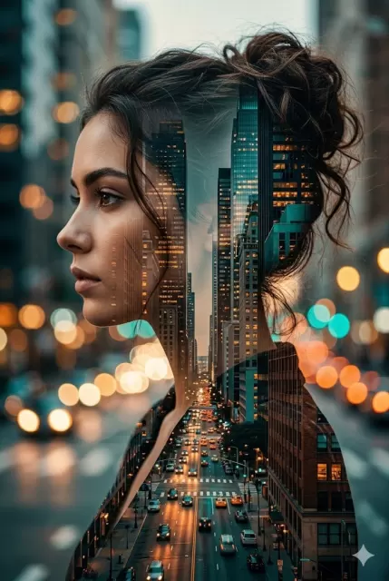 نمونه سبک تصویر هوش مصنوعی پرتره سینمایی دابل اکسپوژر شهری