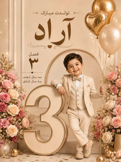نمونه سبک تصویر هوش مصنوعی پوستر تولد لوکس کودک با عدد حجمی