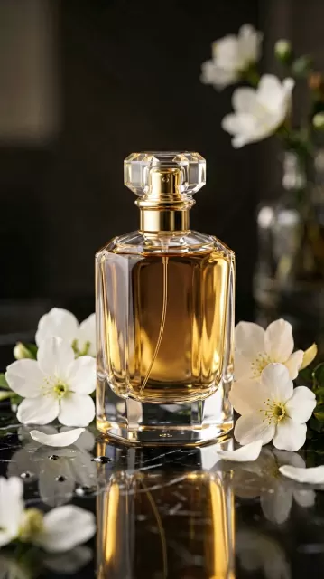 نمونه سبک تصویر هوش مصنوعی عکاسی لوکس عطر روی مرمر مشکی