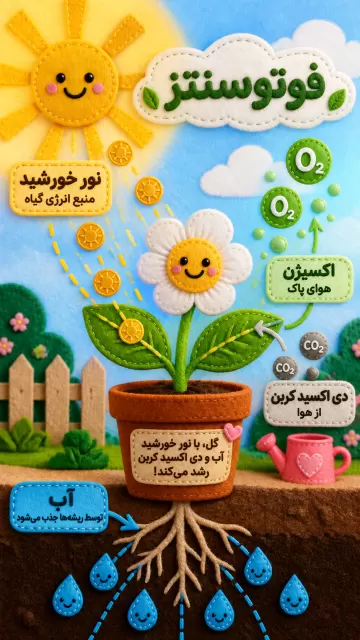 نمونه سبک تصویر هوش مصنوعی اینفوگرافیک کودکانه فتوسنتز با سبک نمدی